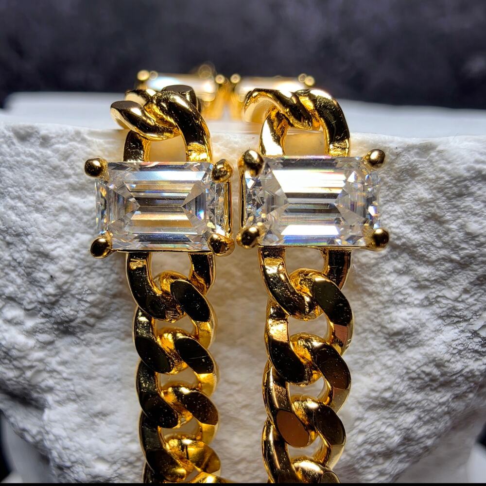 7" 3.30CTW Emerald-Cut VVS/D Moissanite Cuban Bracelet, Gold Over Silver (4.4mm) - Picture 2 of 10